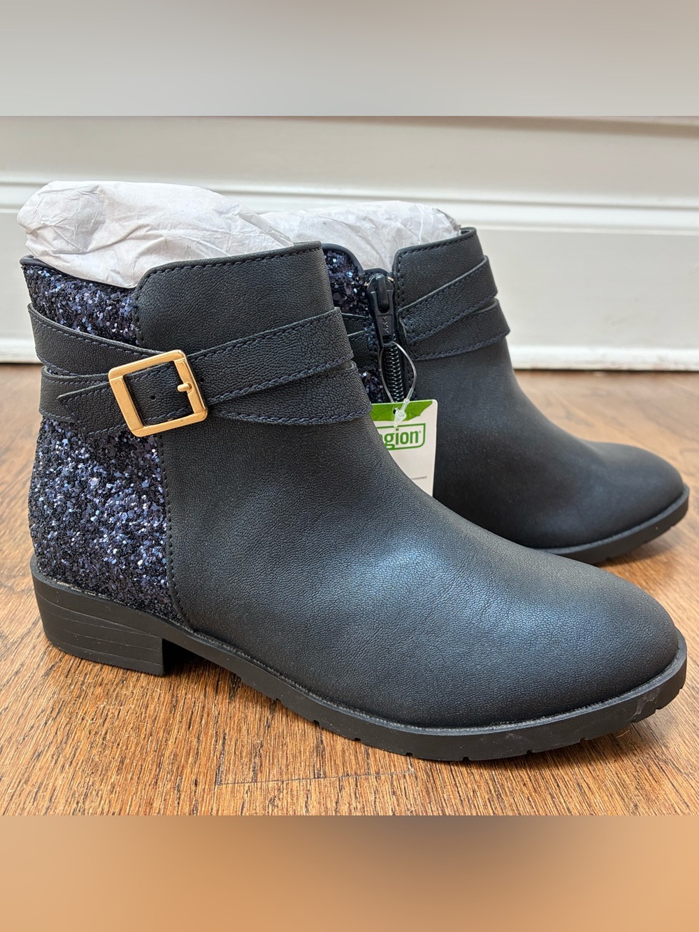 NWT Girls Lands' End Ankle Boots with Sparkle and Gold Buckle - Indigo / Navy